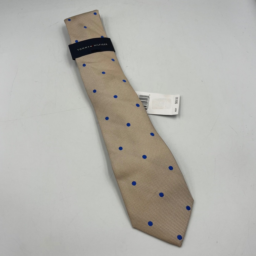Tommy‎ Hilfiger Mens Tan Blue Polka Dot 100% Silk Necktie S45870 NWT